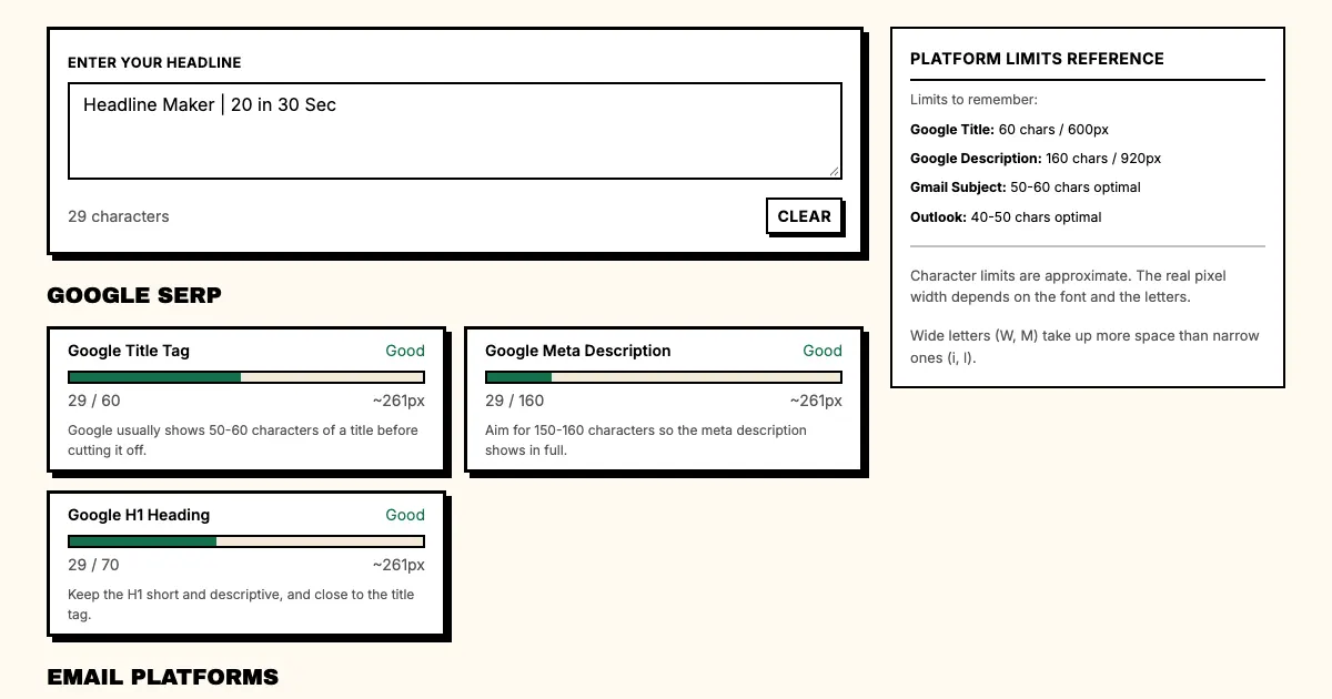 Ad headlines example in Punchd's free headline length checker: Headline Maker | 20 in 30 Sec counts 29 characters