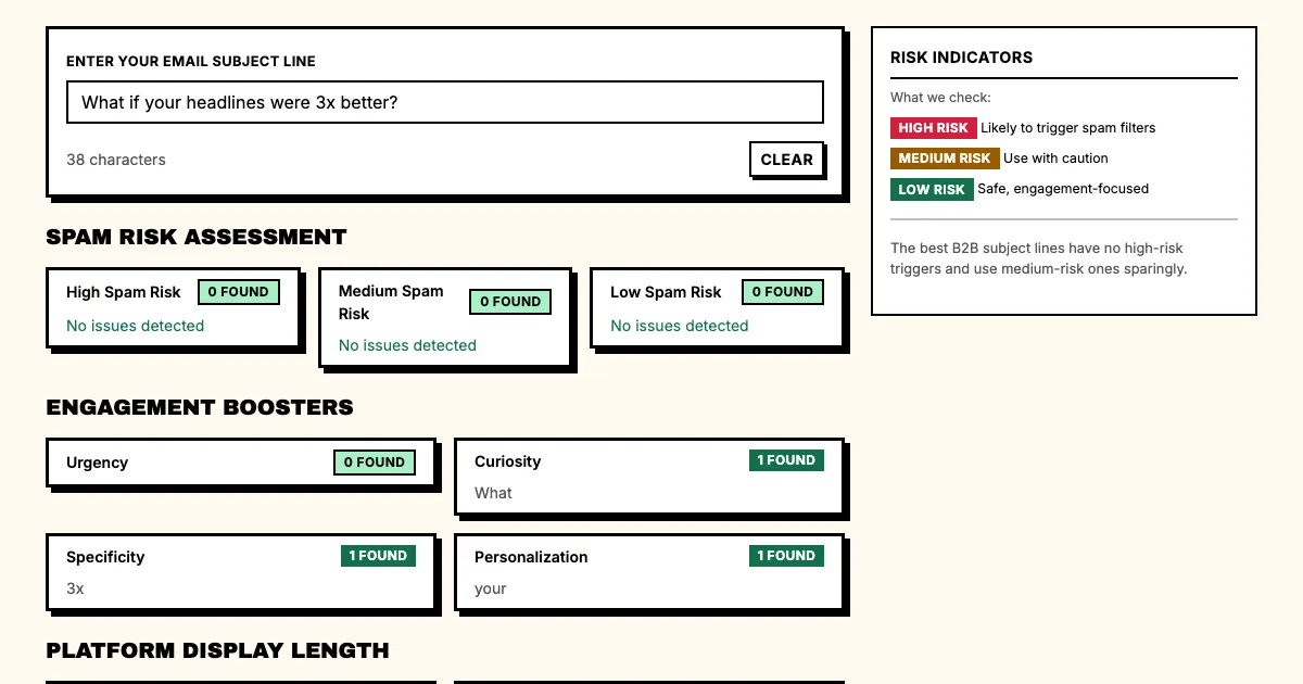Email subject lines example in Punchd's free subject line tester: What if your headlines were 3x better? with 0 spam triggers and 3 engagement boosters