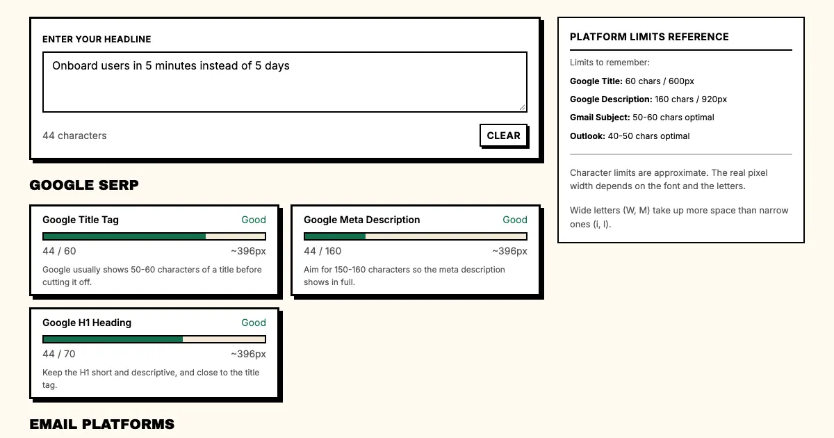 Headline length checker in Punchd showing where Google, email inboxes and social feeds cut off a 90-character headline