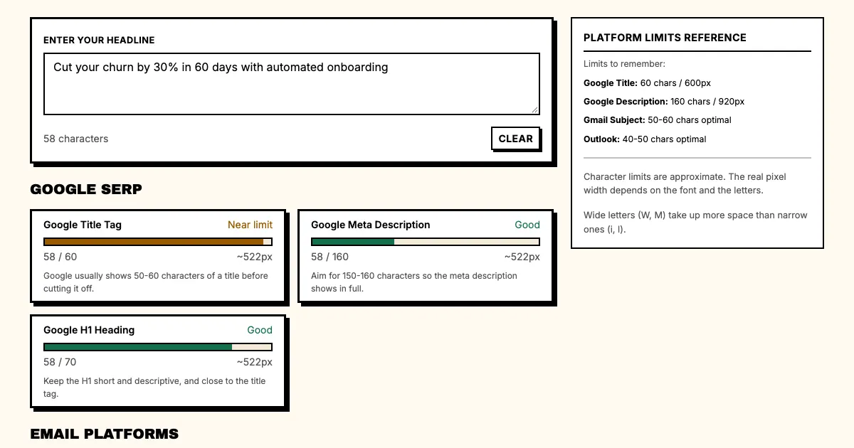 Headline variations example in Punchd's free headline length checker: Cut your churn by 30% in 60 days with automated onboarding is 58 characters