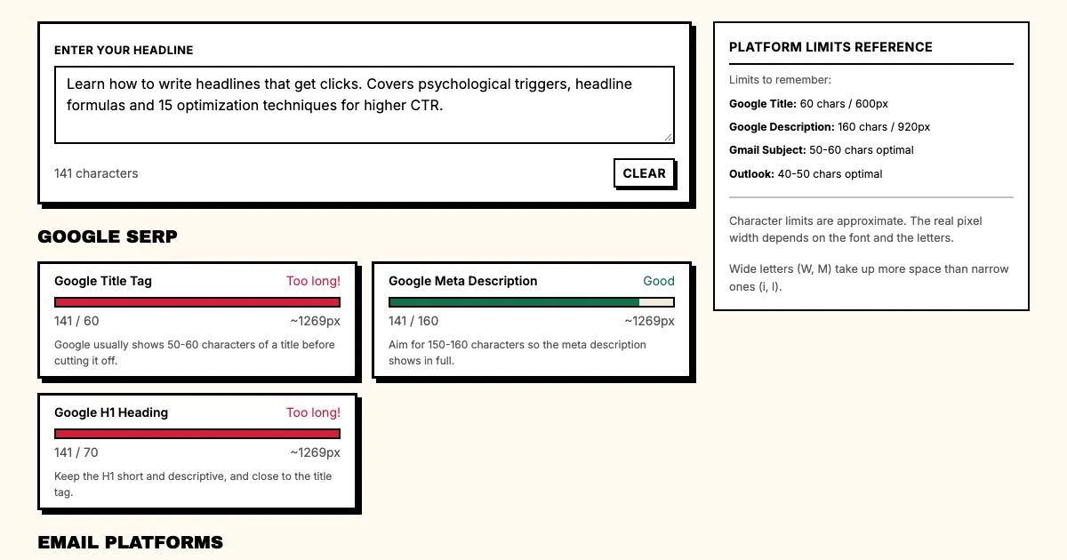 How to write meta descriptions example in Punchd's free headline length checker: a formula-built meta description counts 141 characters