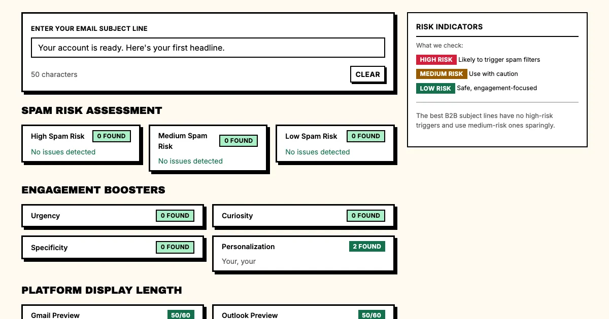 Onboarding emails example in Punchd's free email subject line analyzer: Your account is ready. Here's your first headline. has 50 characters and 0 spam triggers