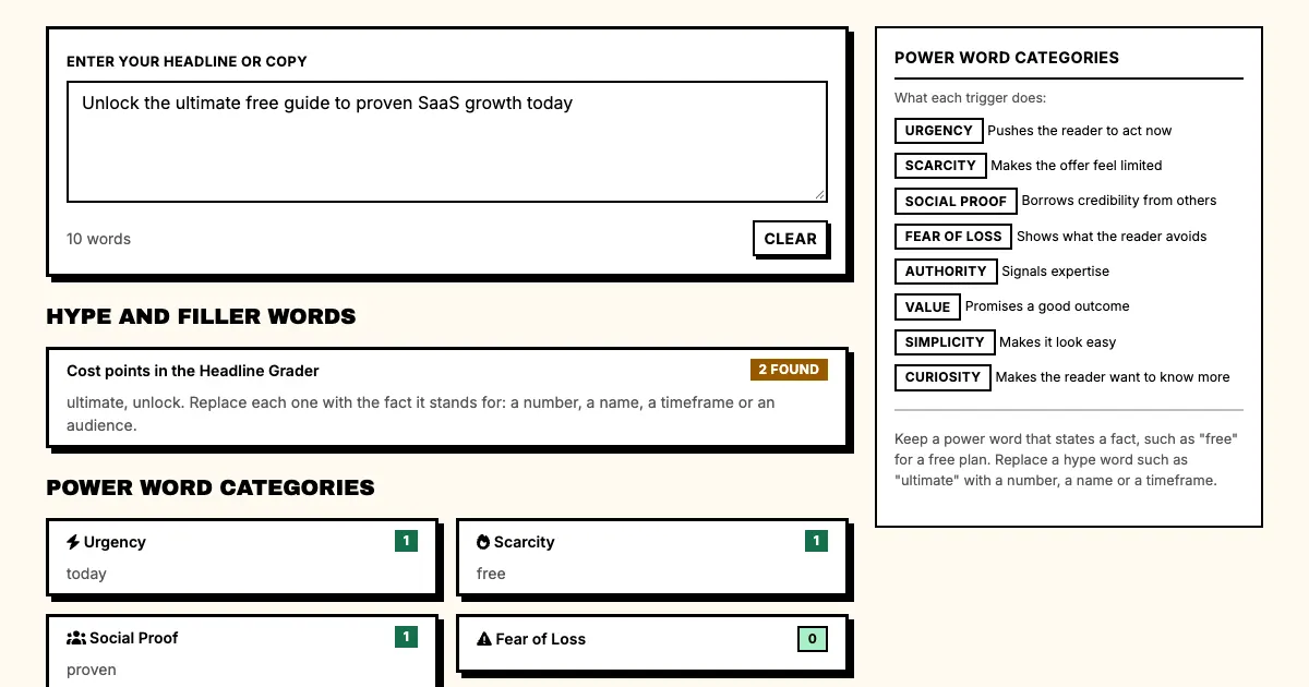 Power word checker result in Punchd for a headline with 7 power words and 2 hype words