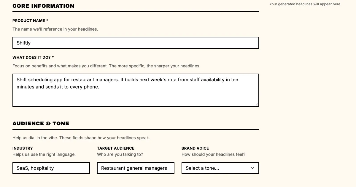 Punchd pricing example: the brief form one punch fills in, here for a shift scheduling app