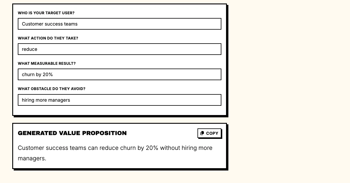 Value proposition generator in Punchd with the outcome-focused framework filled in for a customer success tool